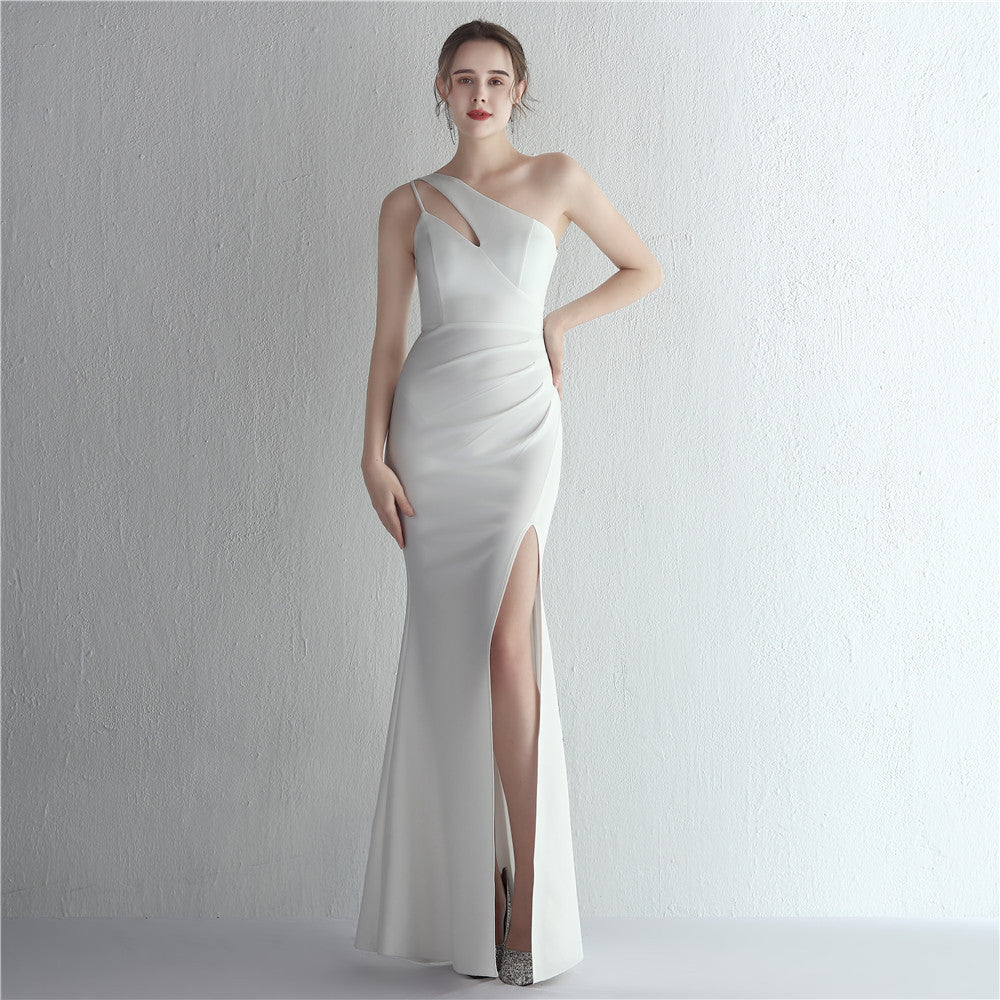 Satin Slim Fit One Shoulder Lang Debütantin Gala Dinner Schlankmachendes Fishtail Hochzeitsauto Model Ausstellungsabendkleid