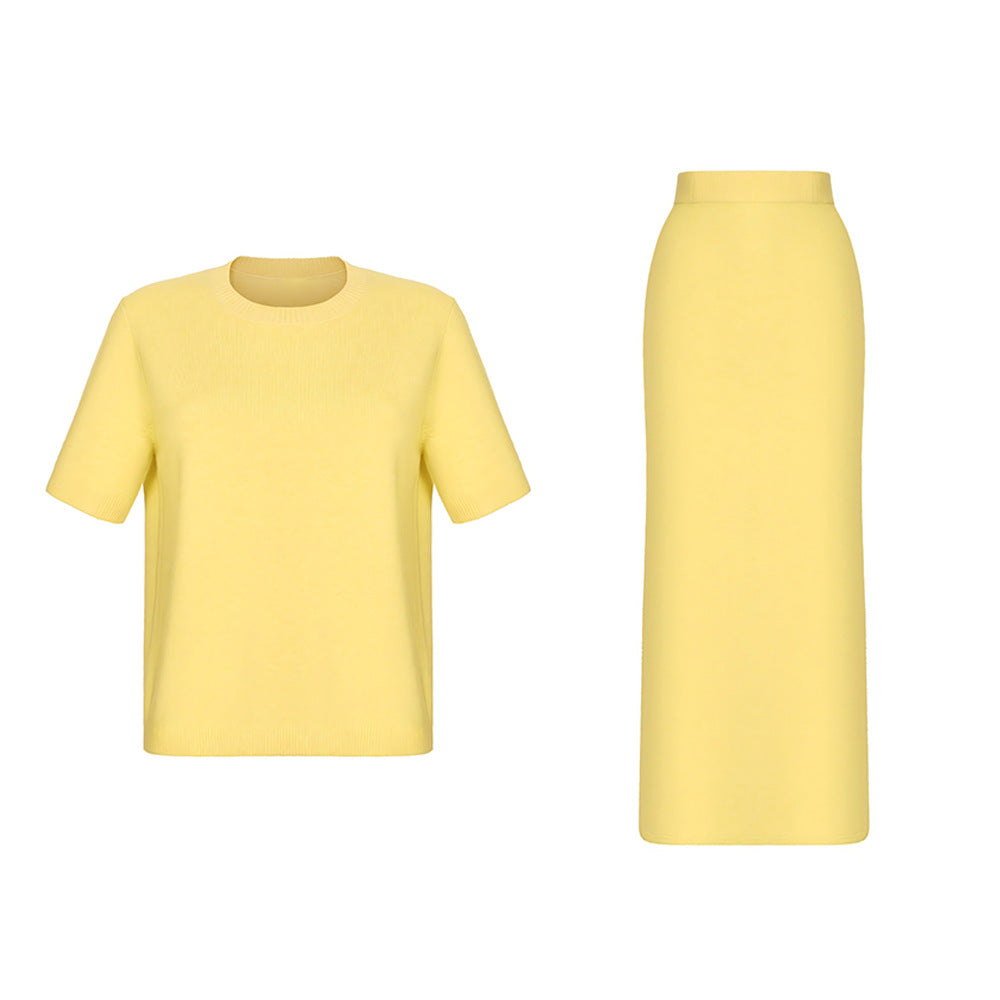 Pullover Kurzarm Rock Set Sommer Strick Einfarbig Schlichtes Set