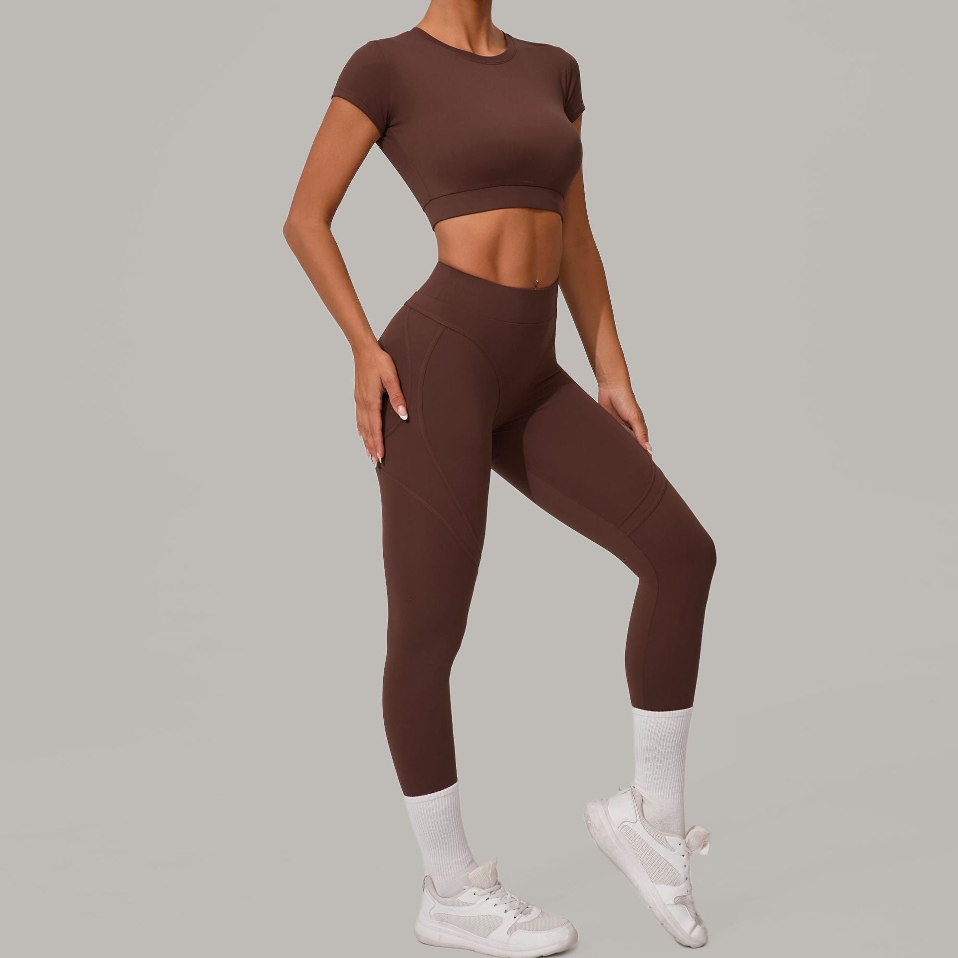 Herbst Sand Gebürstet Yoga Zweiteilige Sets Eng Anliegend Hohe Taille Hüftstraffend Yoga Laufen Training Outfit