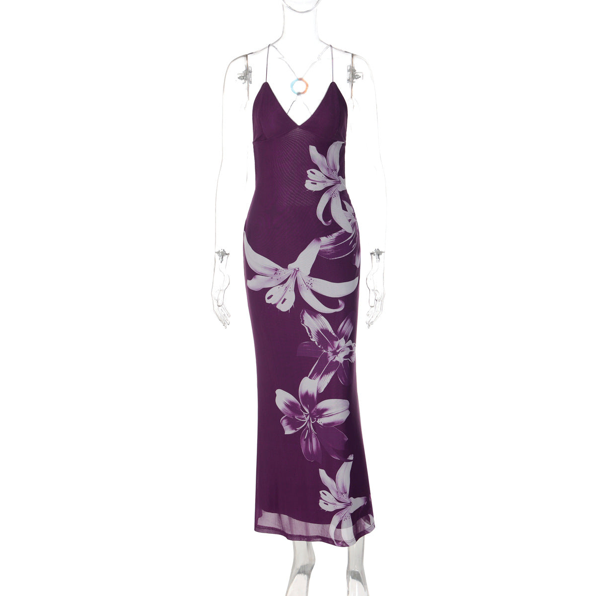 Women Summer Vacation Sexy Deep V Plunge neck Mesh Floral Print Backless Strap Dress