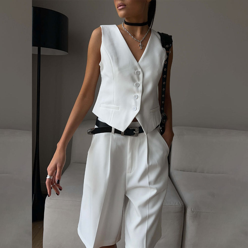 Westenjacke Frühling Sommer V-Ausschnitt Einreihige Weste Gerades Shorts-Set