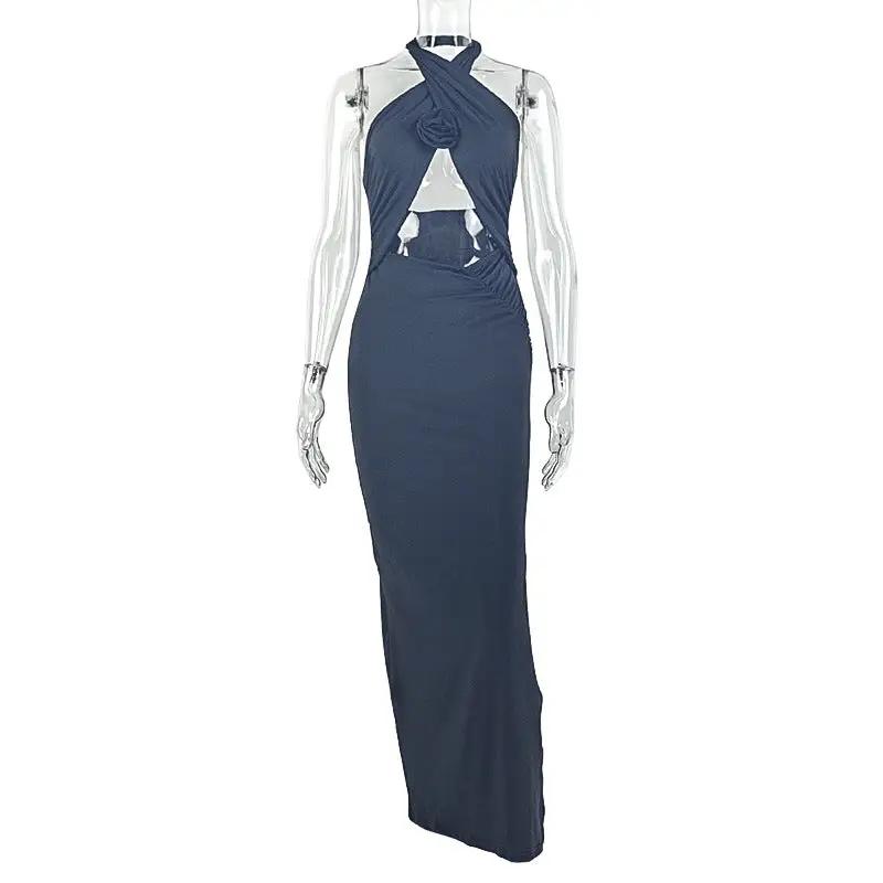 Women Clothing Hollowed Split Pleated Backless Hip Dress Cross Halterneck Solid Color Length Dress by Wanita Store