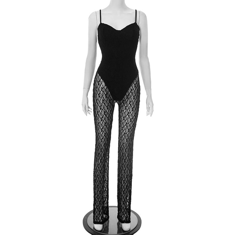 Damen Kleidung Sexy Spitze Tube Tops Riemen Rückenausschnitt Micro Transparente Mesh Hose Jumpsuit Damen
