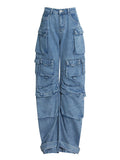 Personality Stitching Denim Trousers Autumn High Waist Large Pocket Loose Casual Wide Leg Pants Women Clothing