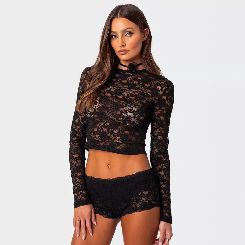 Private Kleidung Sexy Spitze Kurzes Top Sexy Schmal Eng Anliegendes Langarm T-Shirt Damen Sommer