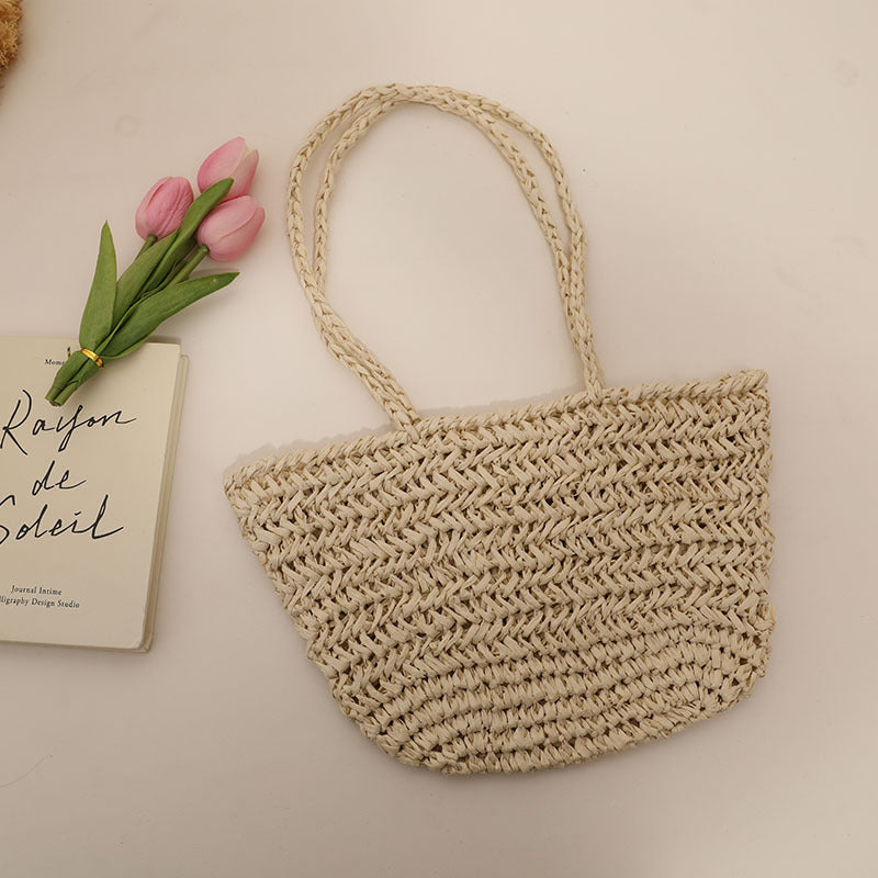 One Shoulder Strohtasche Einfache, ausgehöhlte Strohtasche Gewebte Tasche Sommer Süß Tragbar Urlaub Strandtasche Damen