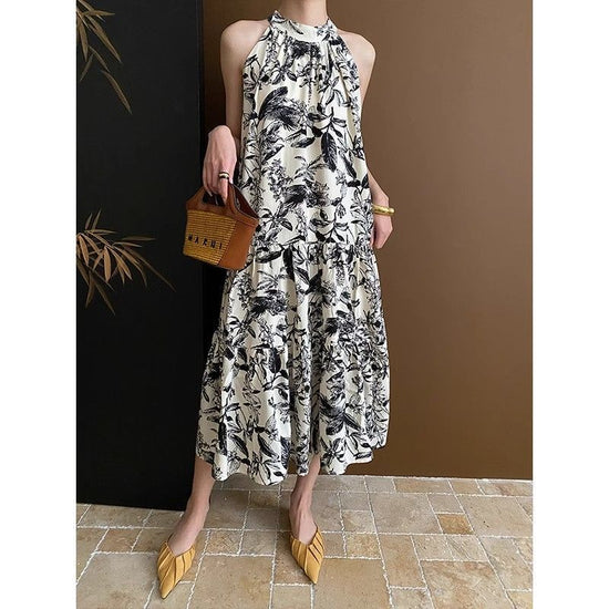 Französisches Tintenprint-Sling-Kleid Sommer 2024 Neues elegantes, cooles Strand-Meer-Urlaub-Midikleid