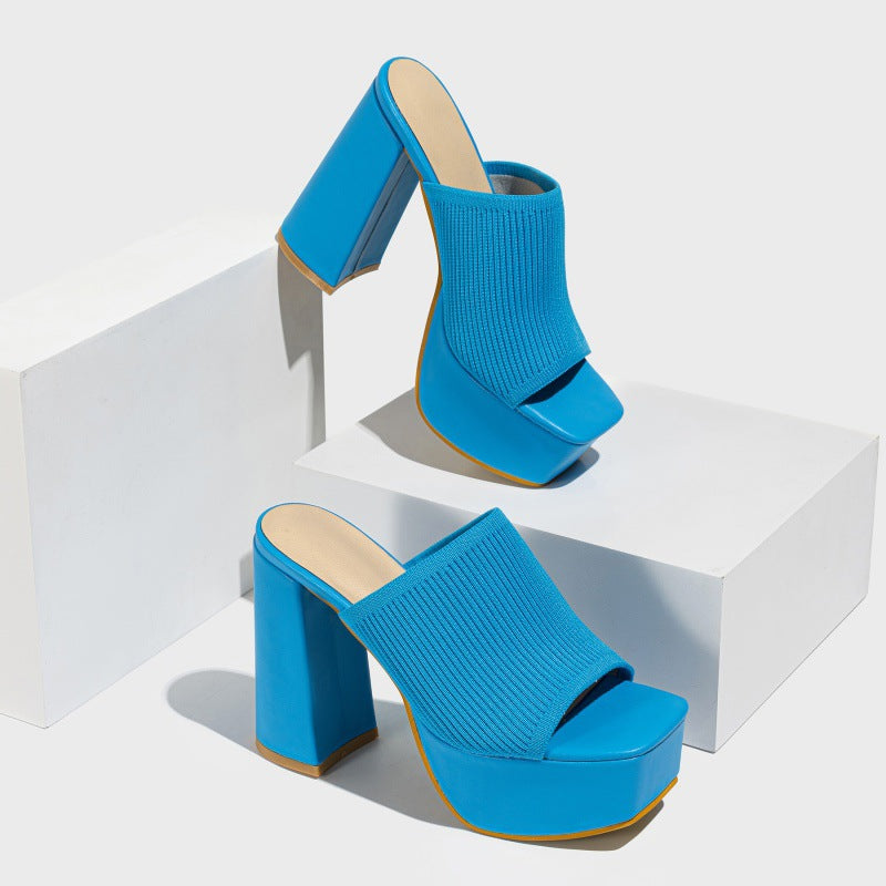 Sommer Damen Gestrickte Modische Chunky Heel Wasserdichte Plattform Outdoor Street Laufstegschau Peep Toe Pantoletten