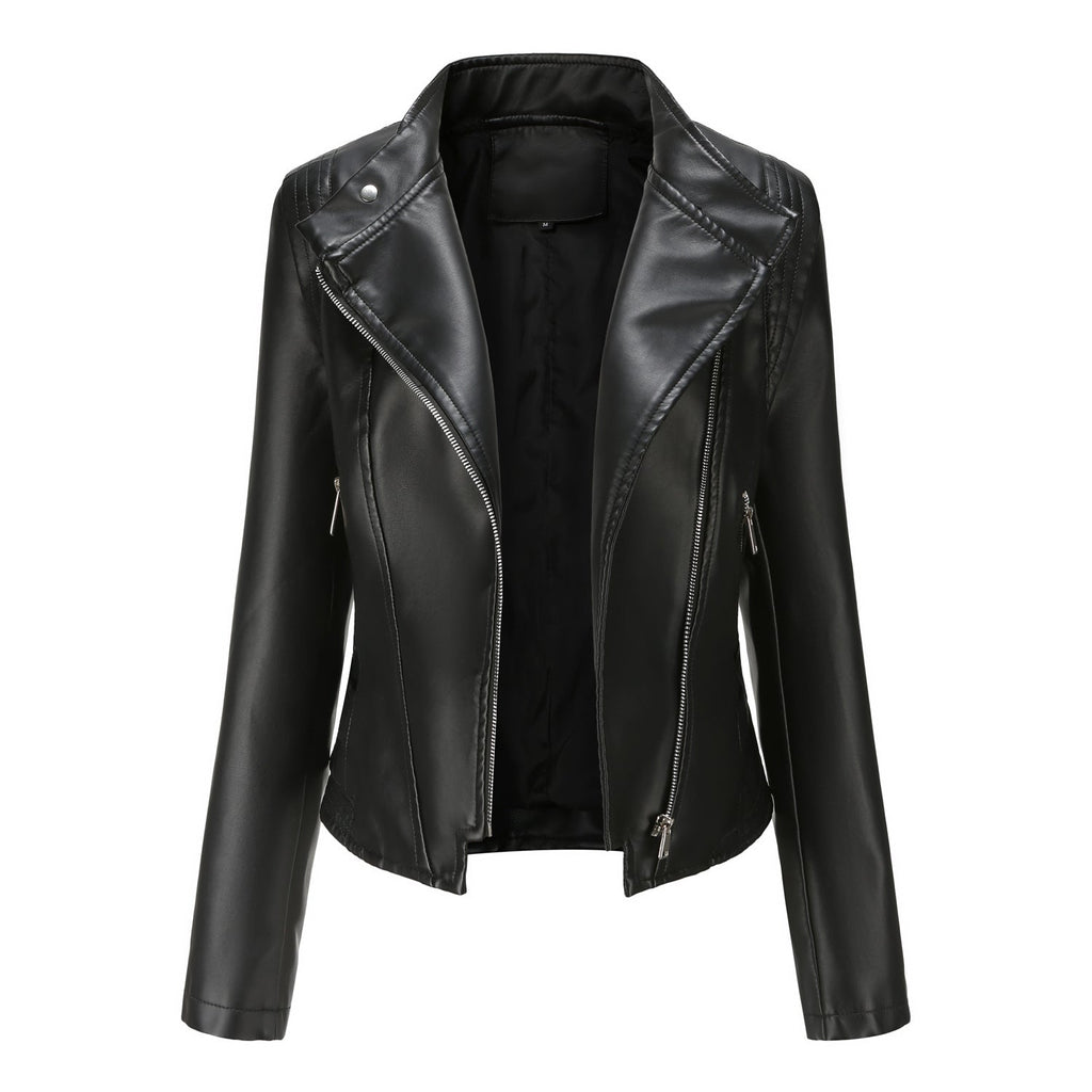Faux-Leder Stehkragen Damen Slim-Fit Ledermantel Damen Frühling Herbst Dünner Langarm Mantel Kurze Damen Jacke Übergröße