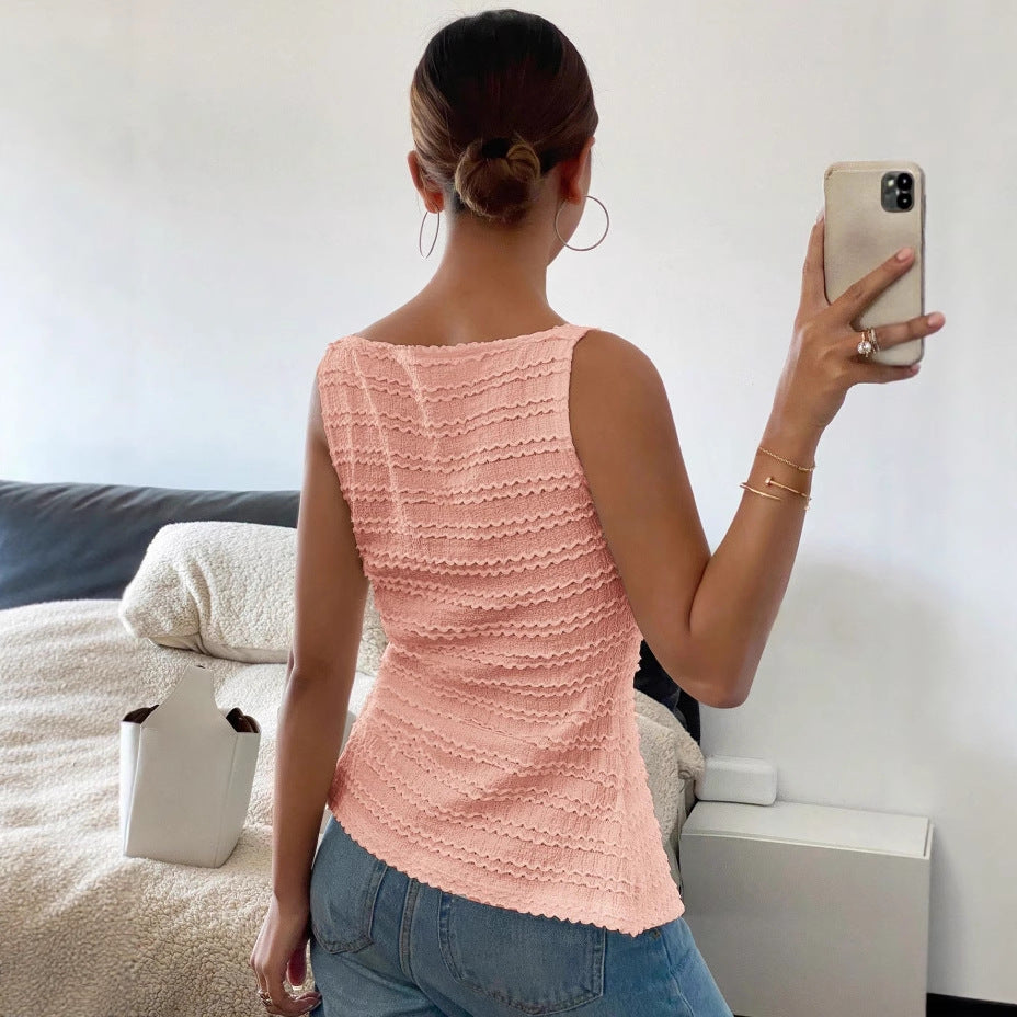 Elegant Single Breasted round Neck Sleeveless Slim Vest Solid Color Women Top