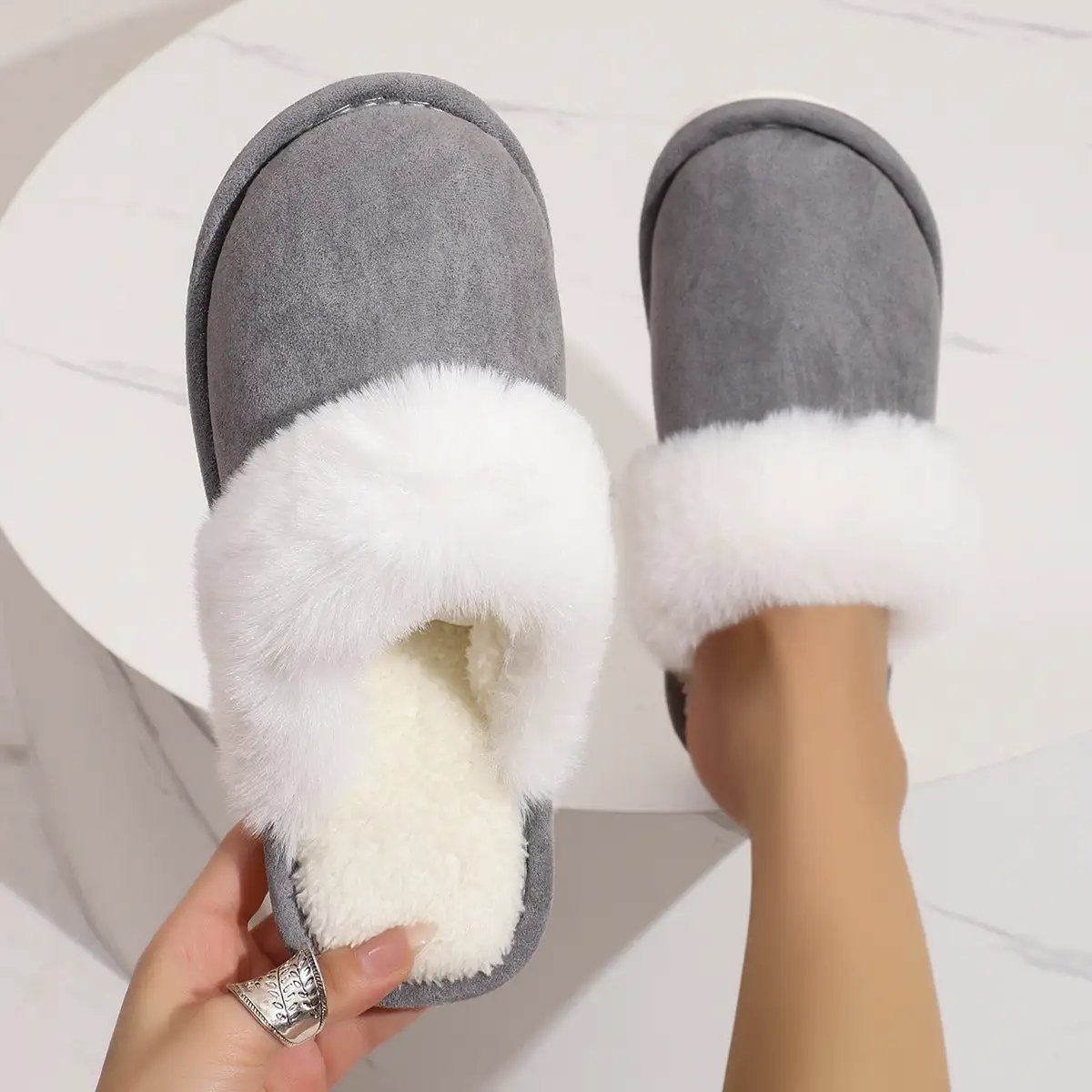 Fluffy Slippers Autumn Winter Warm Slugged Bottom Home Thickened Fleece Slippers Home Indoor Cotton Slippers by Wanita Store