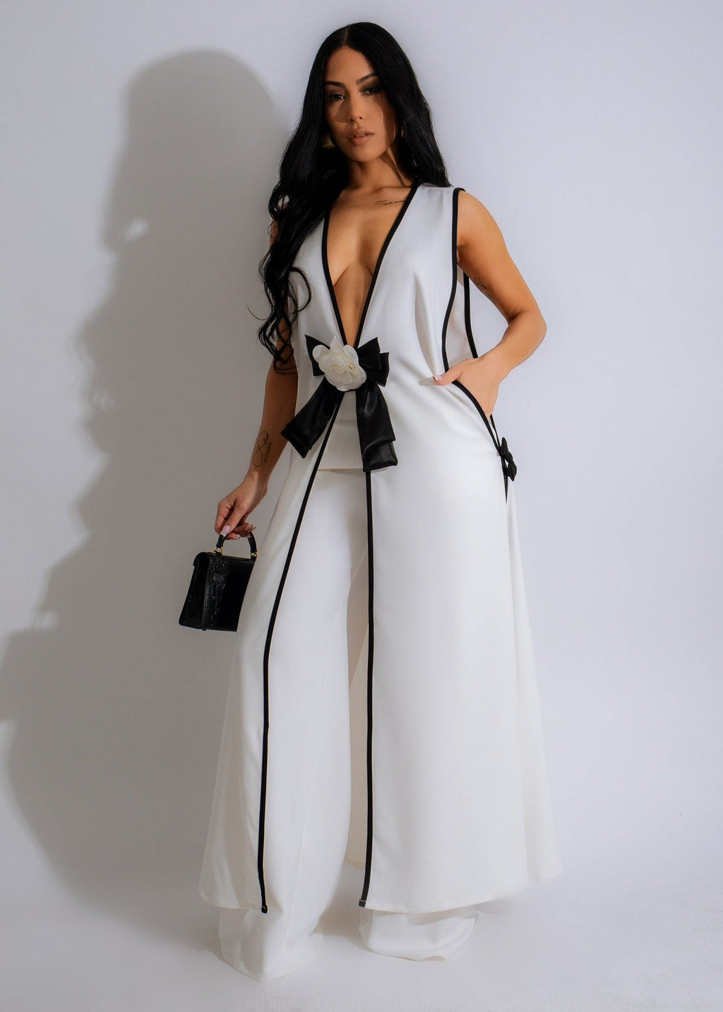 Damen sexy Camellia Schleife ärmellose lange Weste weite Hosen Set