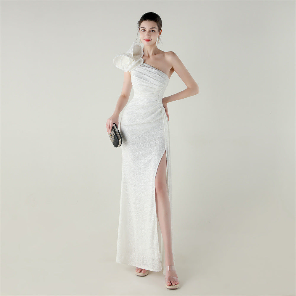 One Shoulder Sequin Craft Floral Beaded Slim Fishtail Evening Dress Award Ceremony High End Social Dress
