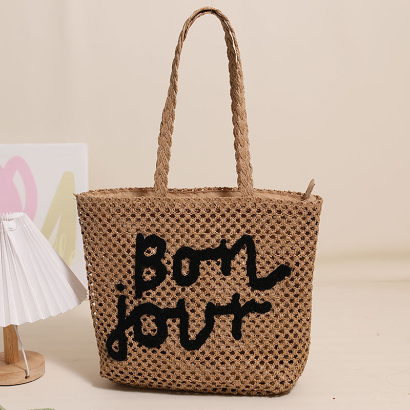 Brief-Grafik Stickerei Gewebte Tasche All-Match Schulter Aushöhlen Cutout Strohtasche Urlaub Strandtasche Damen Tasche