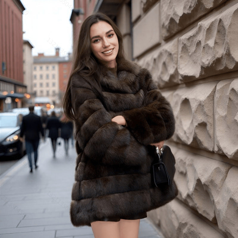 Damen Kunst-Nerzfell-Mantel Mittellang Kapuzenmantel Fell Freizeit Warm Locker Büro