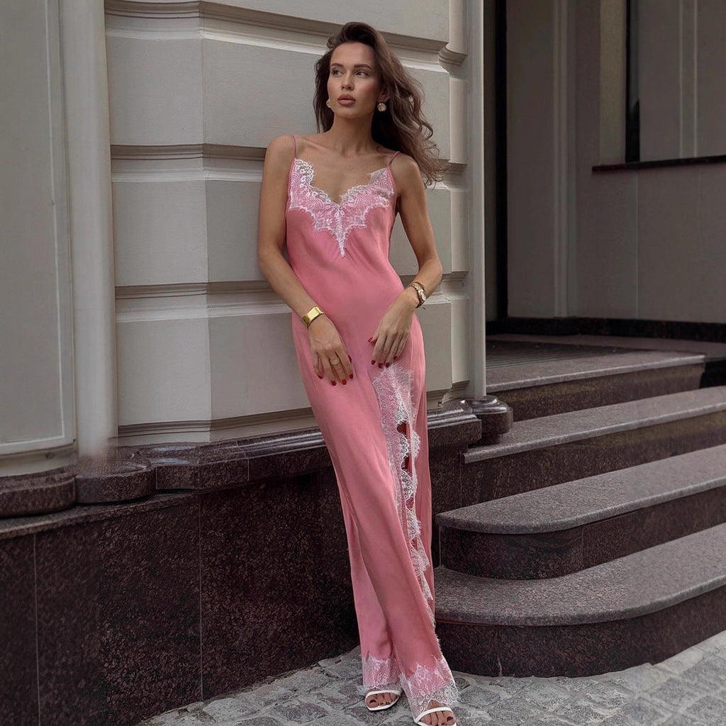 Spitzen-Spaghettiträger-Maxikleid Sommer Künstliche Seide Sexy Schlitz Naht Spitzenkleid Damen