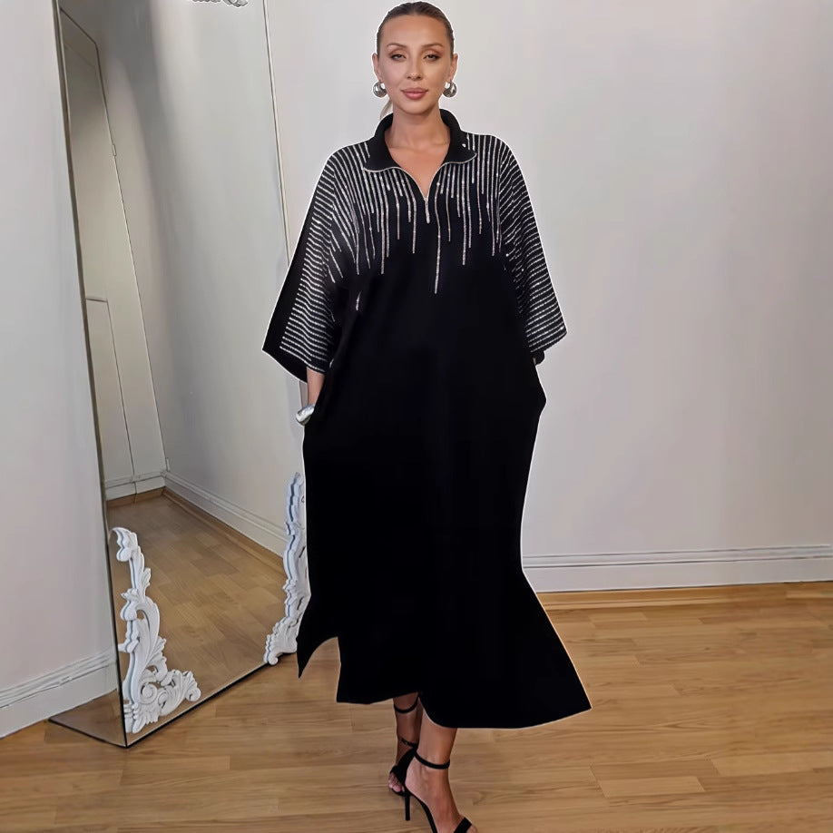 Herbst Bedrucktes Langes Locker Geschnittenes Damenkleid mit langen Ärmeln