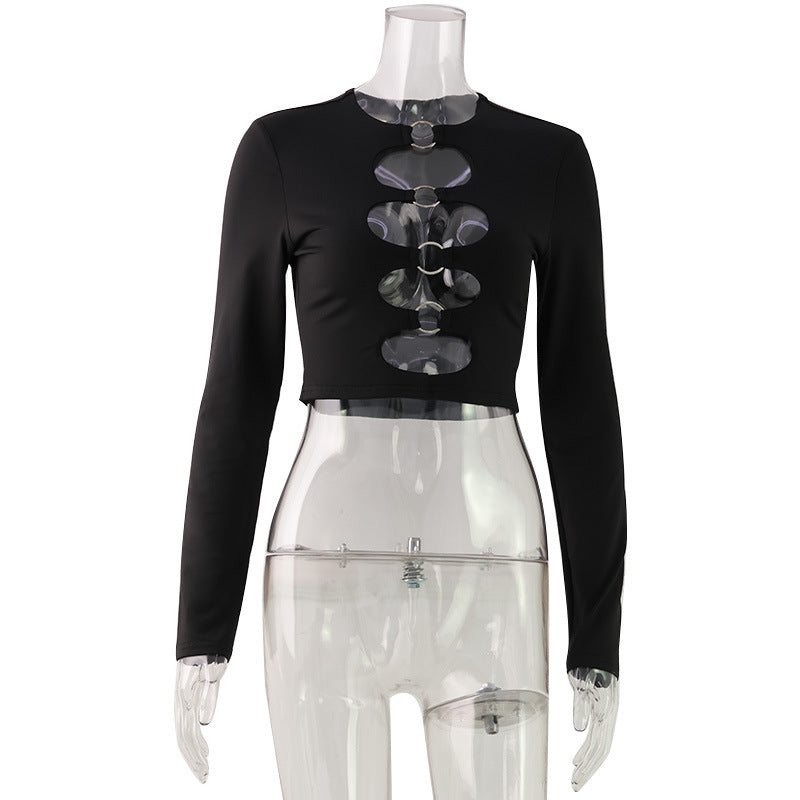 Women Clothing Street Metal Ring Hollow Out Cutout round Neck Long Sleeve Solid Color Top Cool Handsome