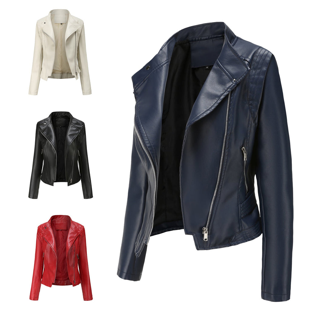 Faux-Leder Stehkragen Damen Slim-Fit Ledermantel Damen Frühling Herbst Dünner Langarm Mantel Kurze Damen Jacke Übergröße