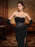 Sleeveless Retro Rhinestone Performance Evening Dress Sexy Backless Semi Transparent Elegant Split Tube Top Dress