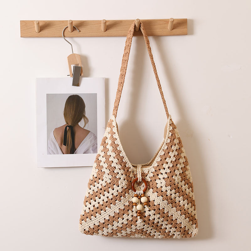 Ethnische Umhängetasche aus Baumwollfaden, gewebt, farbige Großmutter-Gitter-Strohtasche, Urlaubs-Strandtasche, Damenhandtasche