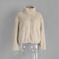 Stand Collar Plush Coat Autumn Winter with Zipper Furry Coat Warm Plush Coat for Women
