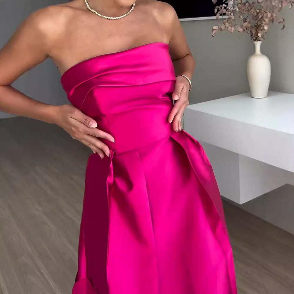 Nahtloser runder Satin Sexy Tube Top Hohes Abendkleid
