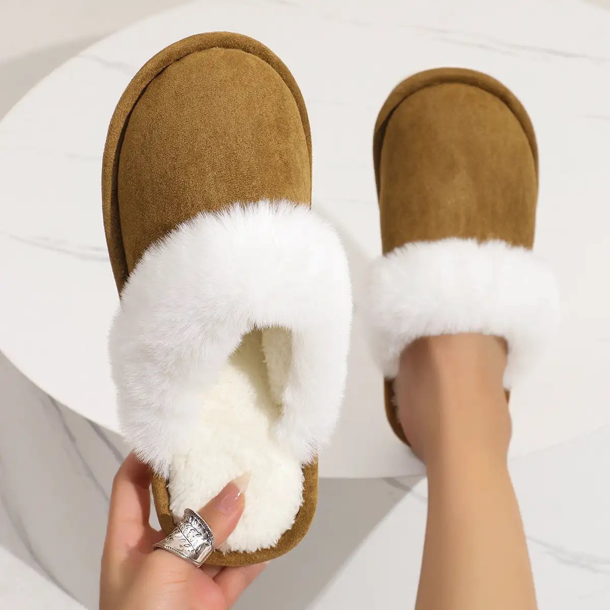 Fluffy Slippers Autumn Winter Warm Slugged Bottom Home Thickened Fleece Slippers Home Indoor Cotton Slippers by Wanita Store