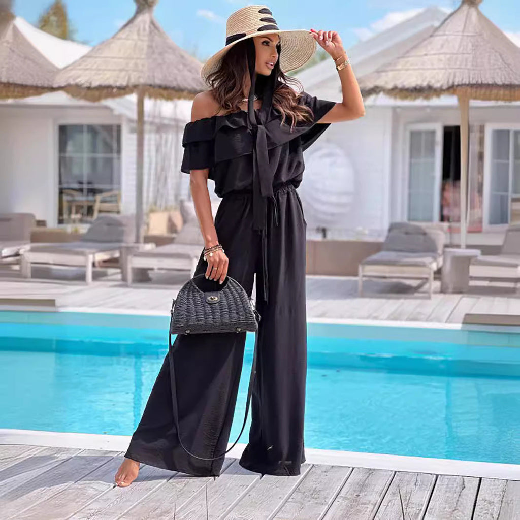 Damenbekleidung Sommer Einfarbig Büro Rüschen One Shoulder Kurzarm Jumpsuit