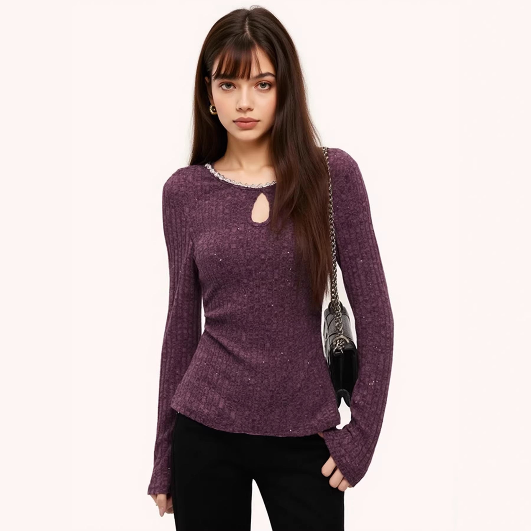 Diamond Accessories Purple Slim Bottoming Women Autumn Winter Niche Long Sleeves Inner Wear