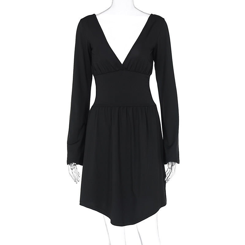 Women Clothing Autumn Sexy Backless Waist Trimming French V neck Long Sleeve Dress Sexy Sheath