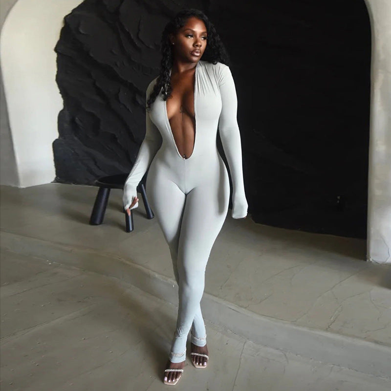Herbst Damenbekleidung Sexy Rückenloses Tiefes V-Dekolleté Langärmeliger Einfarbiger Enger Jumpsuit