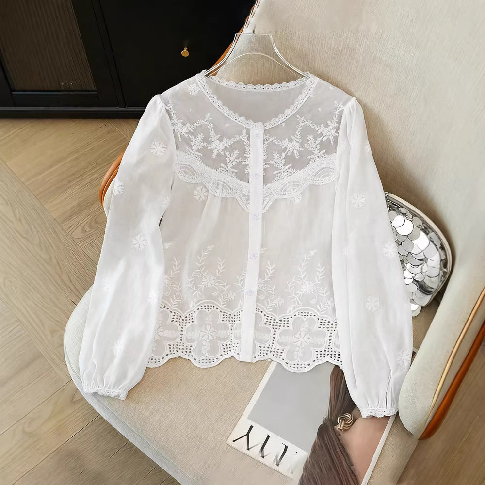 Summer Ladies Elegant Hollow Out Cutout out Embroidered Lace Lace Shirt