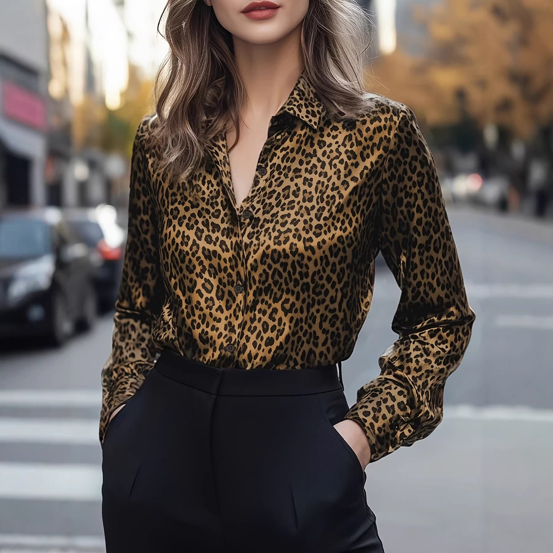 Women Clothing Spring Autumn Leopard Print Sexy Single Breasted Long Sleeve Shirt