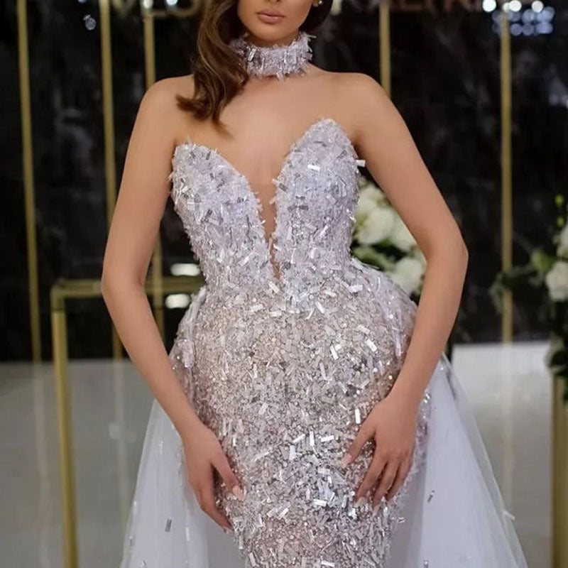 Sommer Damen Kleidung Kleid Pailletten Meerjungfrauen-Look Ärmellos Langes Mesh-Kleid