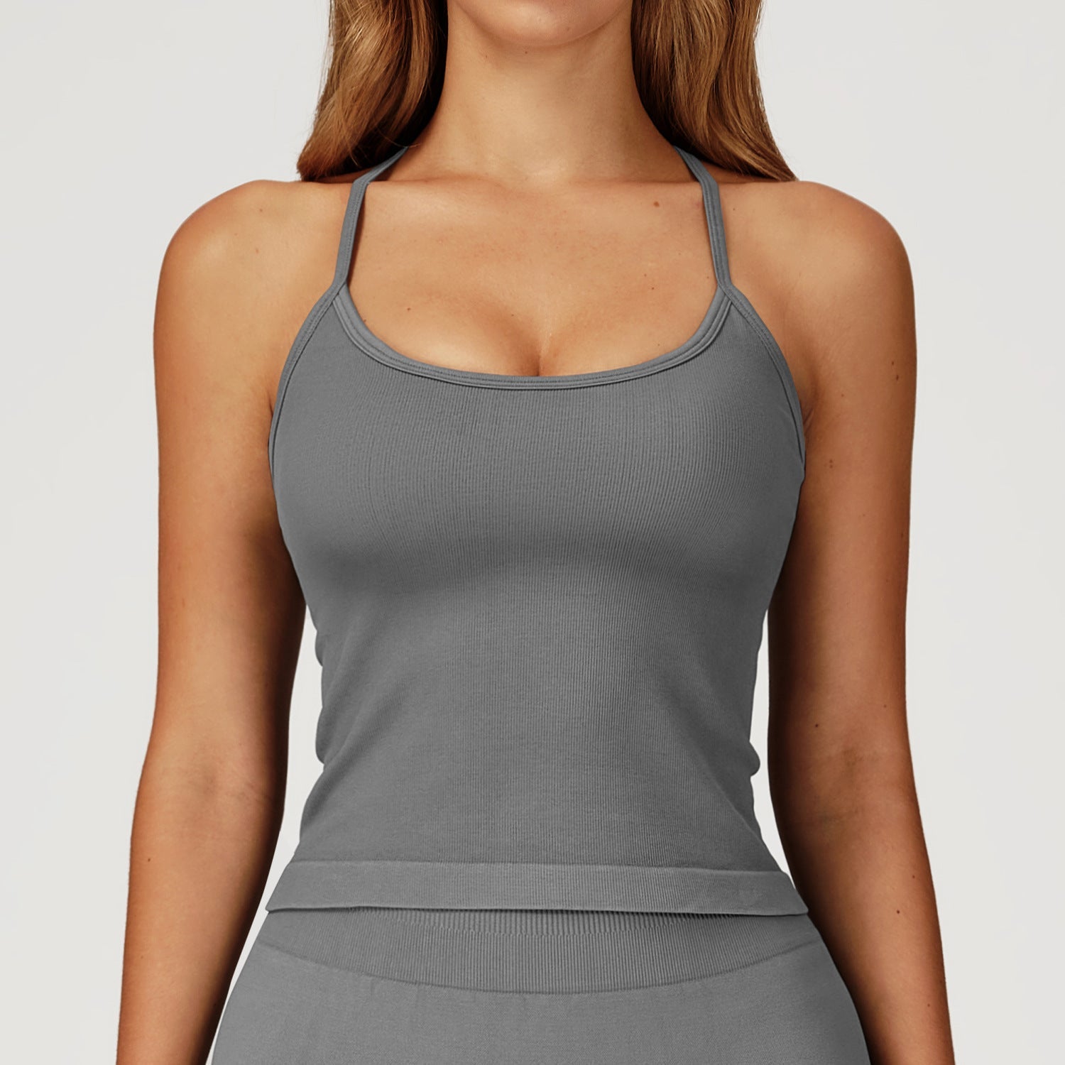 Nahtloses Yoga-Tanktop mit dünnen Trägern, gekreuztem Rückenausschnitt, Trainingsunterwäsche, Outdoor-Lauf-Fitness-Top