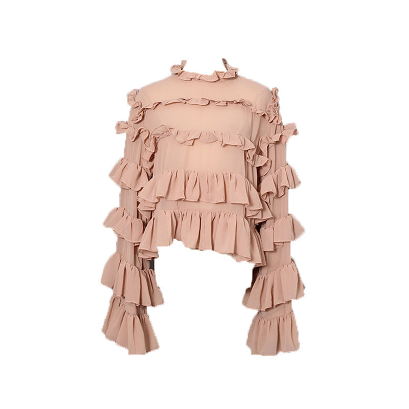 Korean Personalized Comfortable Ruffled Shirt Autumn Niche Design Solid Color Loose Top for Women