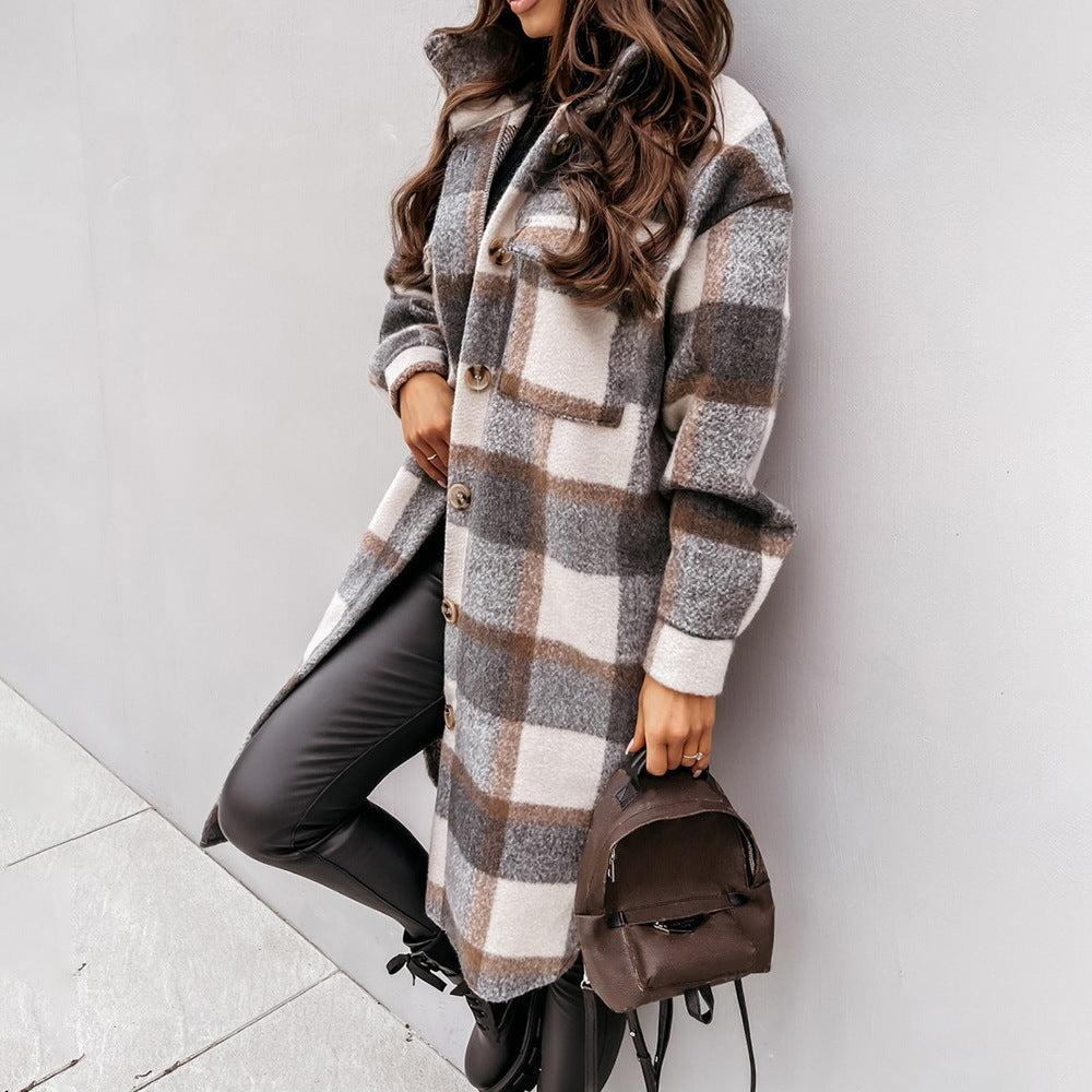 Herbst Winter Langer Einreihiger Kragen Shacket Wollmantel