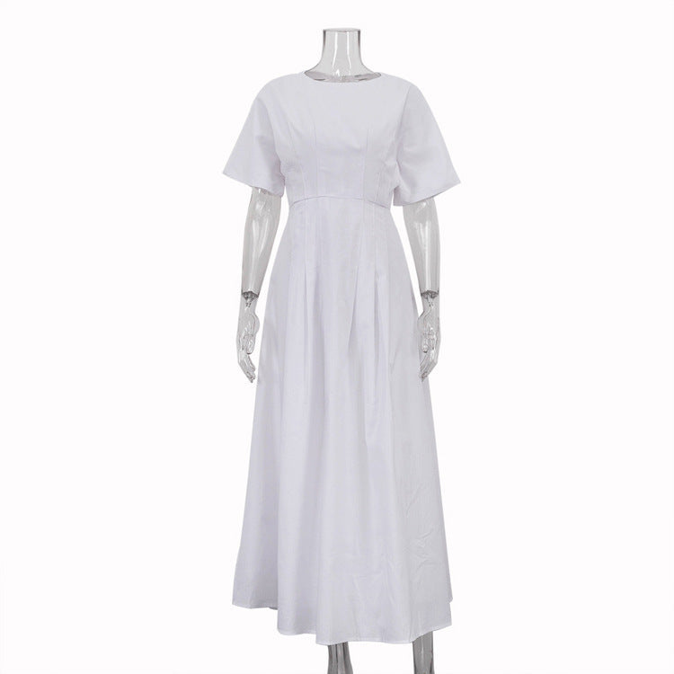 Damenbekleidung Schlichtes lässiges A-Linien-Kleid Baumwoll-Rundhalsausschnitt Kurzarm tailliertes Kleid