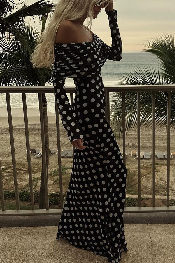 Frühling Sommer Gaze Polka Dot Nähte Off Shoulder Sexy Enges Kleid für Frauen