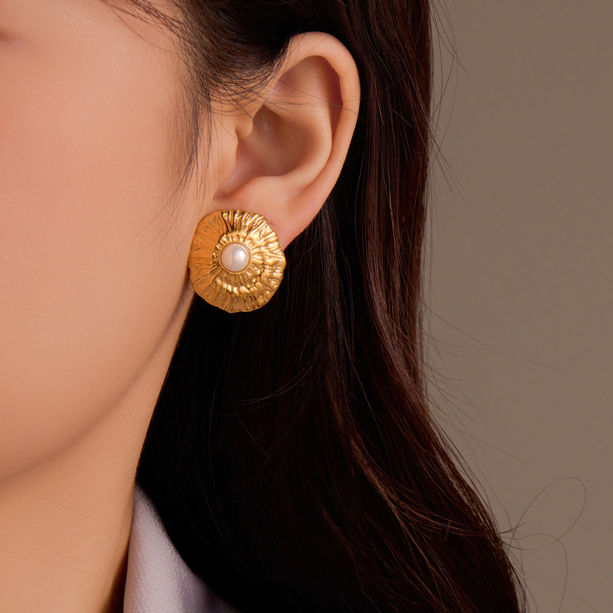 Simple Titanium Steel Geometric Abstract Pleated Pearl Stainless Steel Studs High Grade Delicate Earrings Women