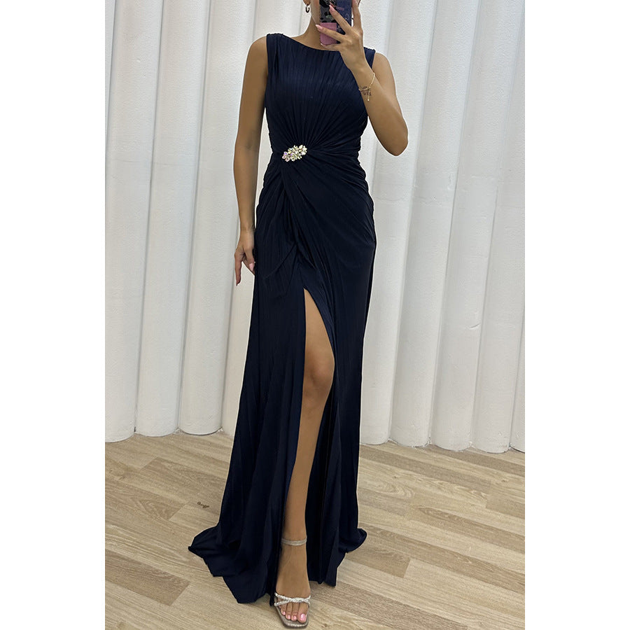 Plissiertes Schlitz-Freizeitkleid Ärmelloses Abendkleid Damen
