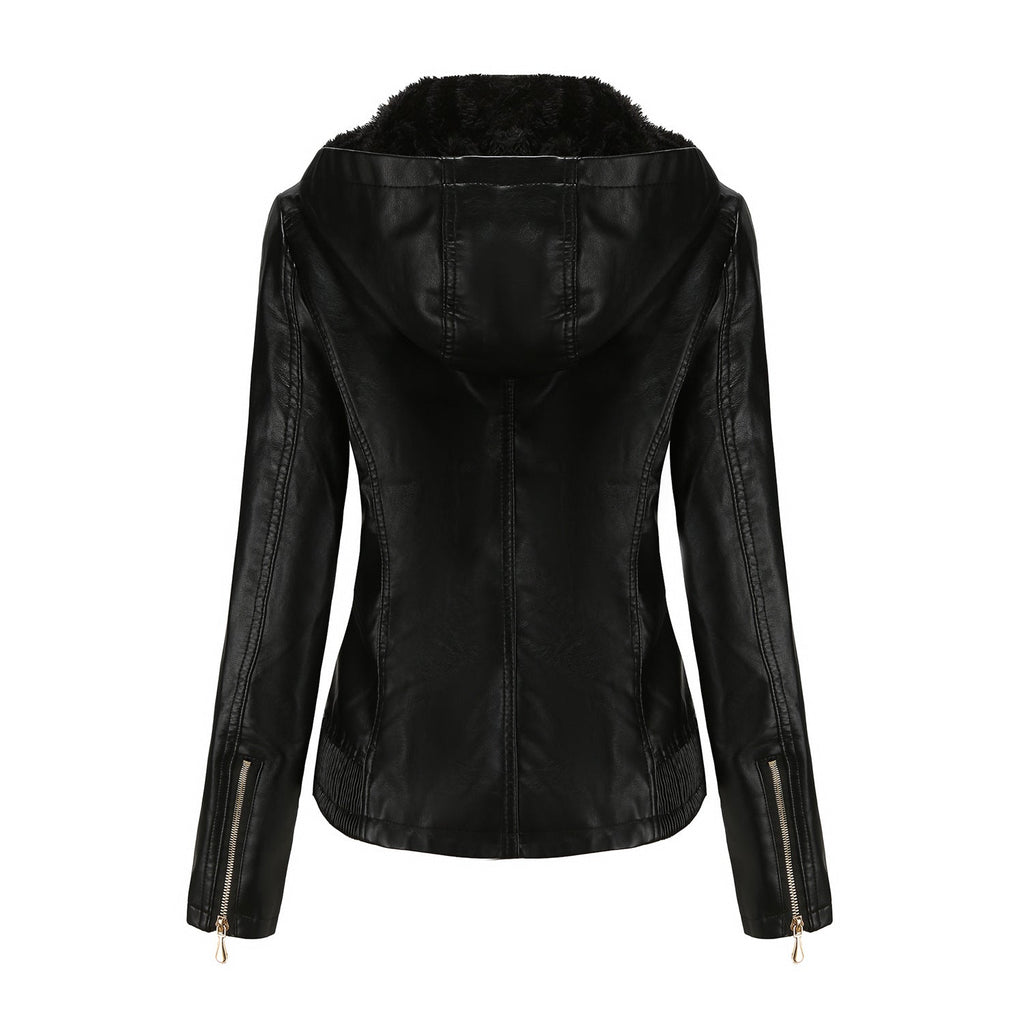 Herbst Winter Kapuzen-Ledermantel Damen Abnehmbare Kapuze Langarm Reißverschluss Fleece-gefütterte Lederjacke Schmaler Mantel