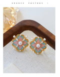 French Blue Color Oil Glaze Floral Stud Earrings Light Luxury High Grade Retro Minority Mid Ancient Pearl Earrings for Women