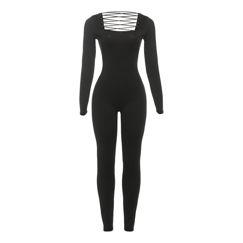 Women Clothing Autumn Winter Sexy U Collar Backless Lace up Long Sleeve Solid Color Hip Lifting Jumpsuit