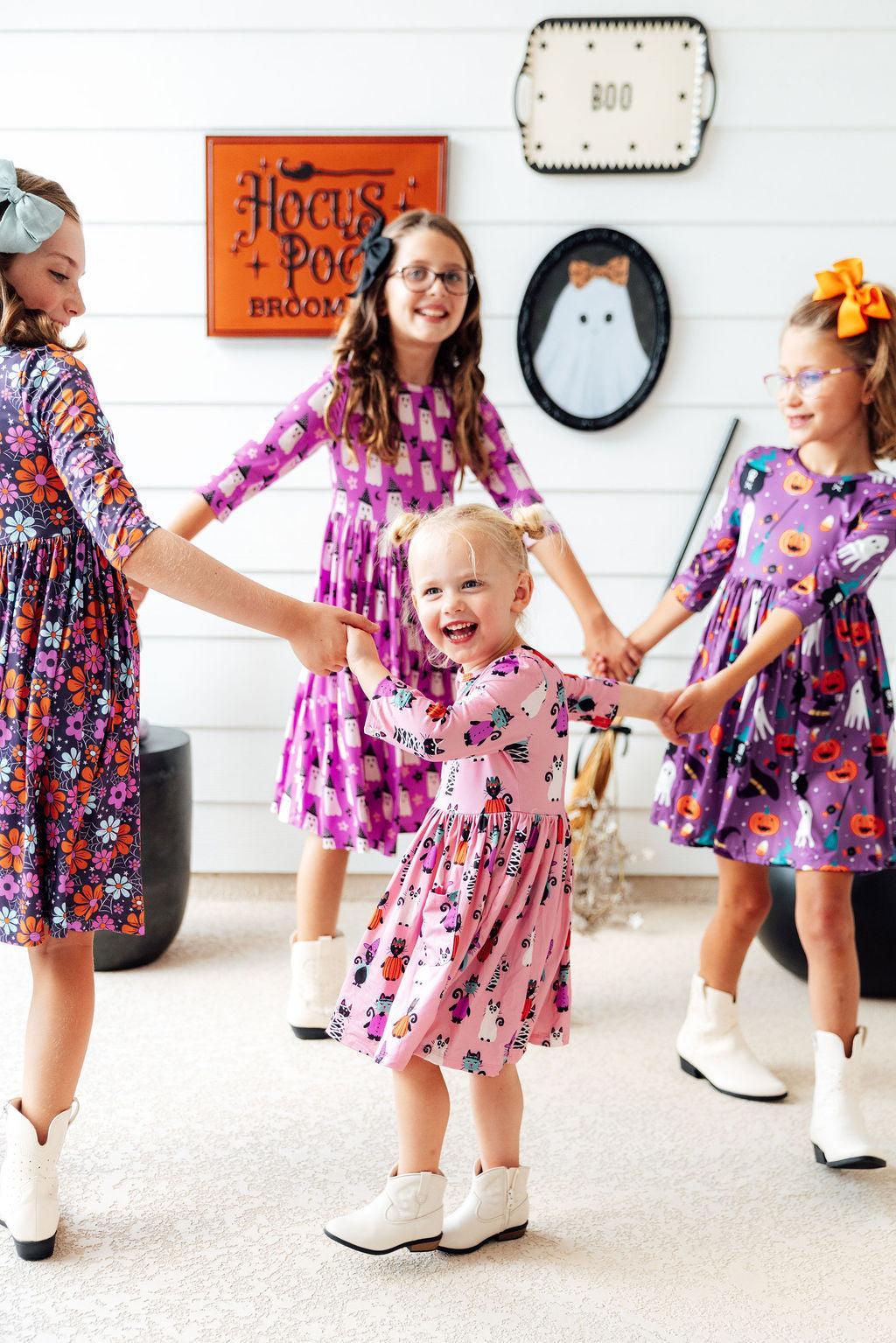 Purr-fectly Spooky 3/4 Sleeve Pocket Twirl Dress