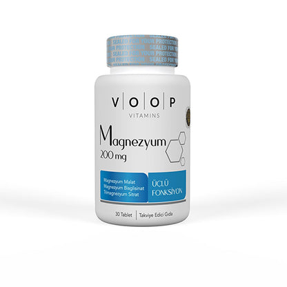 Voop Magnesium Supplement 200mg - Triple Magnesium Complex (Malate, Citrate, Bisglycinate) - 30 Tablets for Enhanced Absorption &amp; Muscle Function