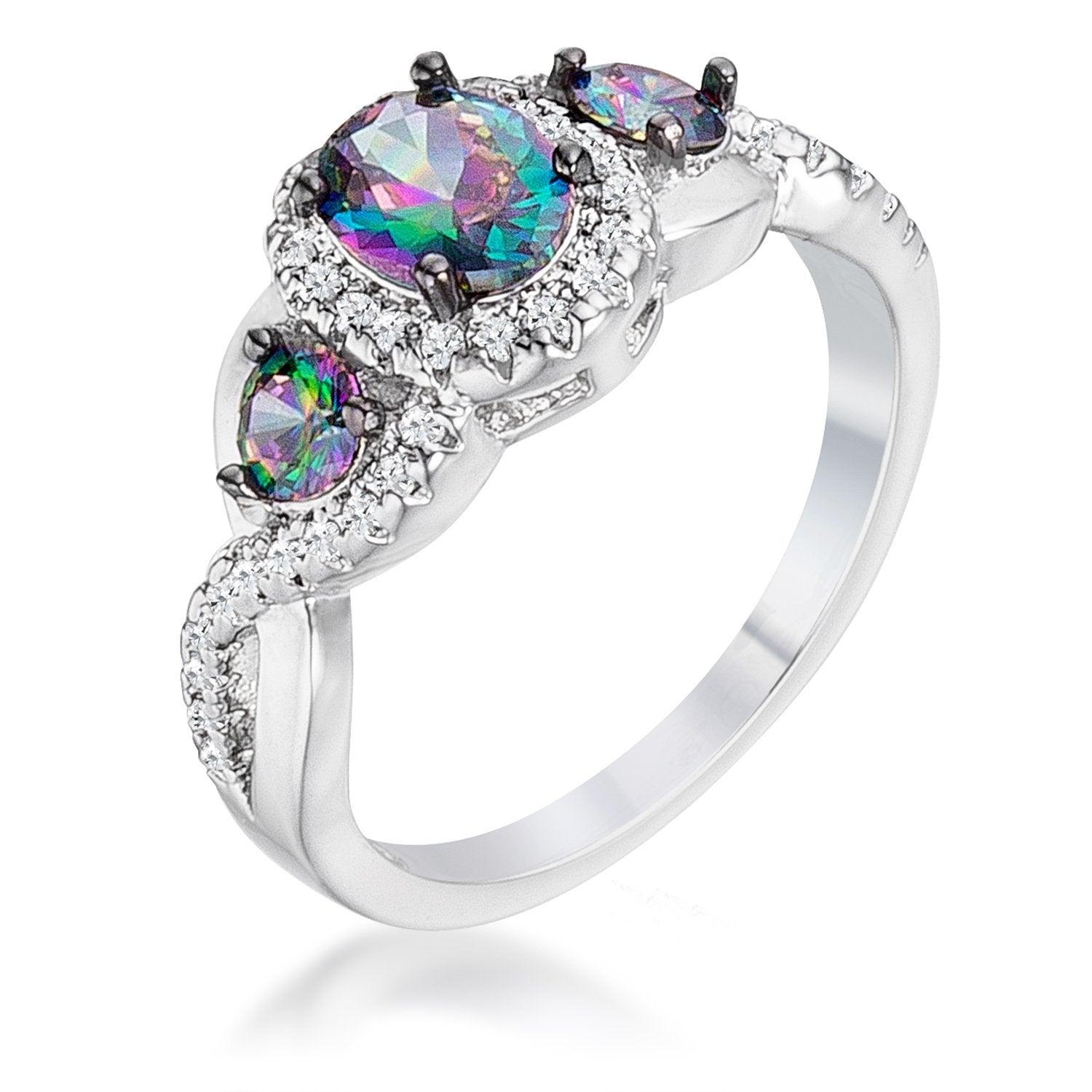 Rhodium &amp; Hematite Plated Mystic &amp; Clear CZ Three Stone Twisted Shank Ring