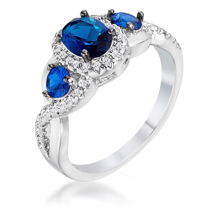 Rhodium Hematite Plated Sapphire Blue &amp; Clear CZ Three Stone Twisted Ring