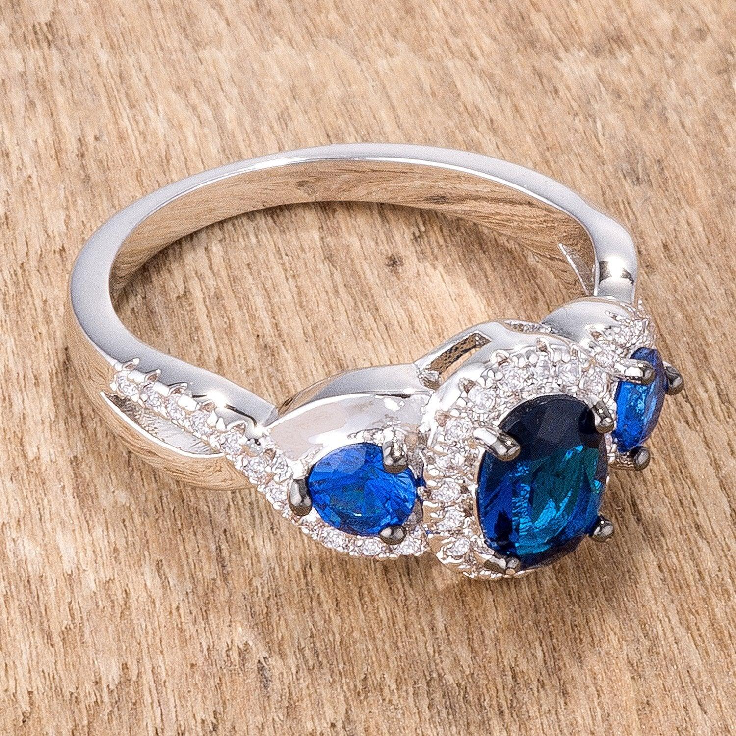 Rhodium Hematite Plated Sapphire Blue &amp; Clear CZ Three Stone Twisted Ring